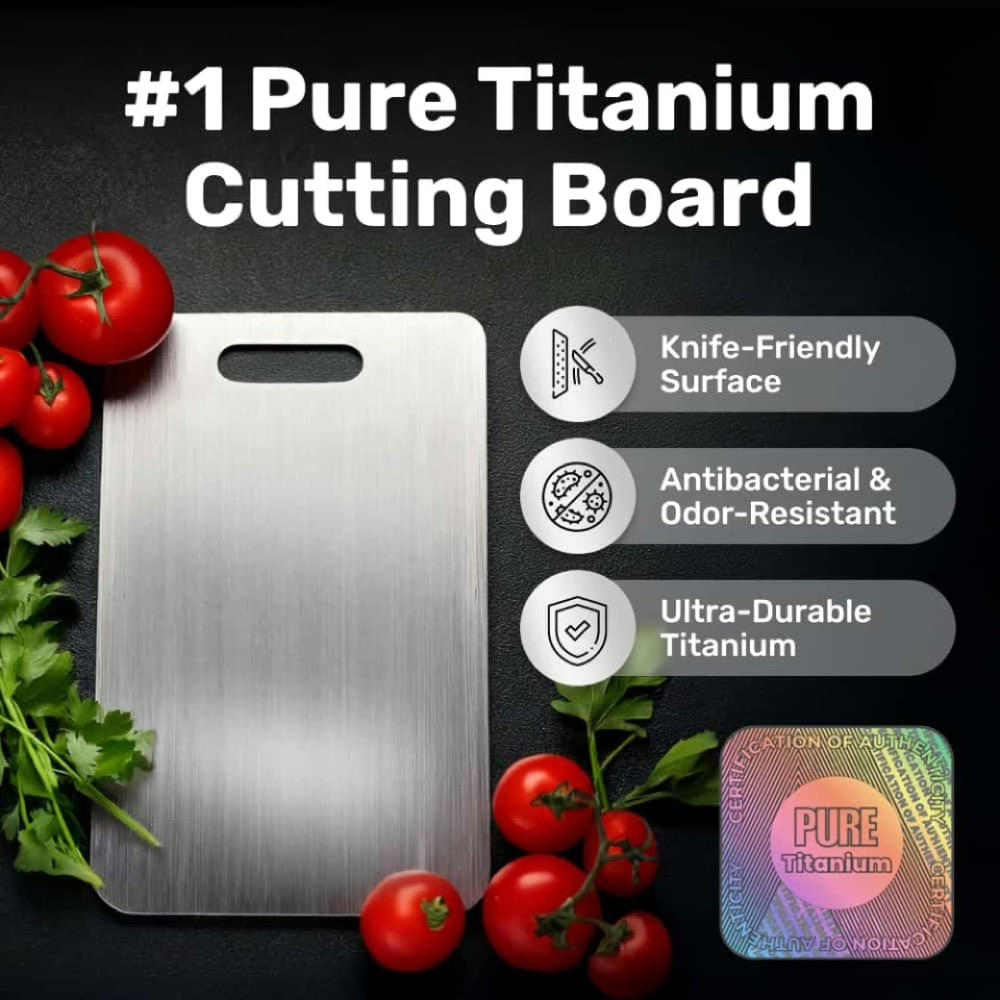Titanium cutting board with fresh tomatoes and herbs