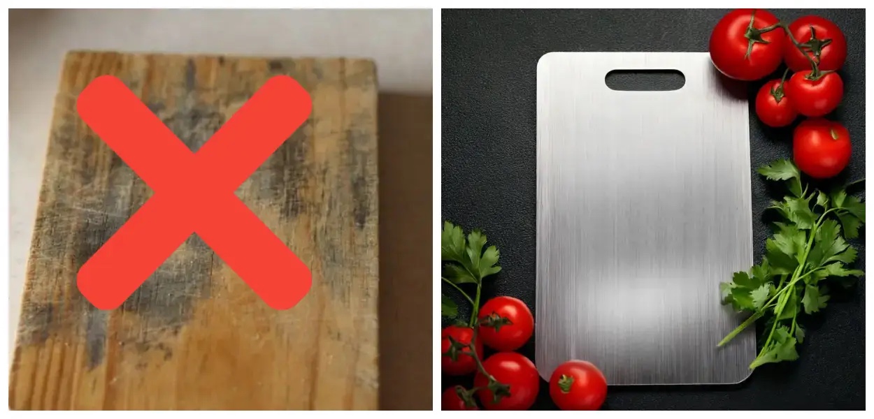 A stained wooden cutting board next to a clean titanium board